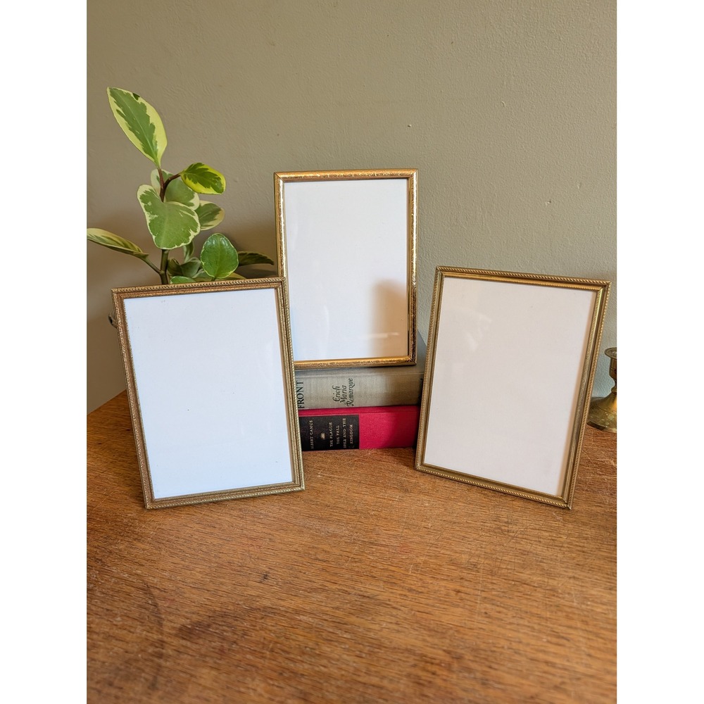 Vintage Gold Metal Picture Frames Set of 3 Ornate Embossed Beaded 4x6 Tabletop